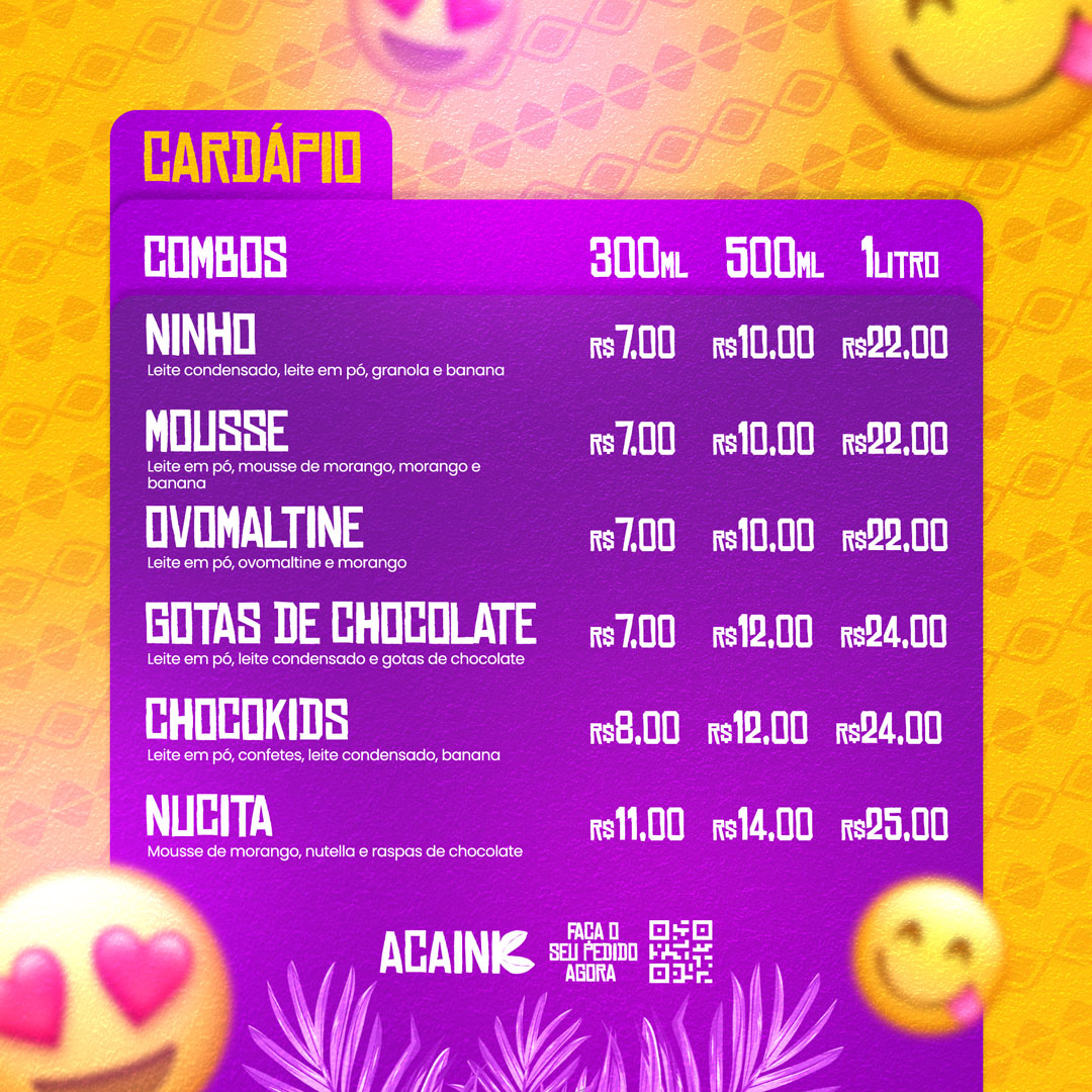 Cardápio açaí